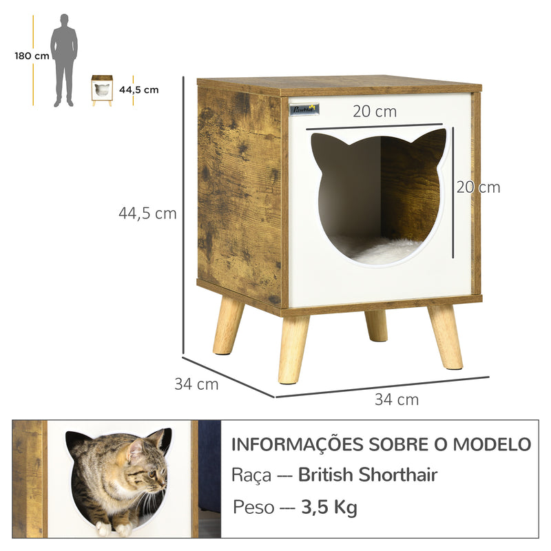 Casa de Madeira para Gatos Casa para Gatos Interior Caverna para Gatos com Almofada Lavável e Pés Elevados 34x34x44, cm Marrom