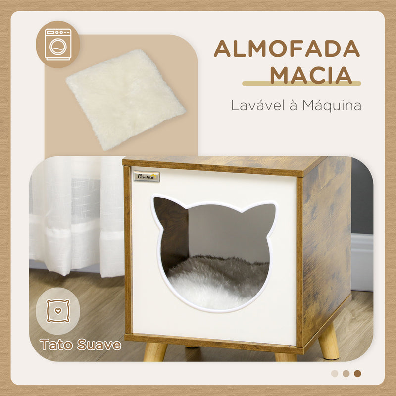 Casa de Madeira para Gatos Casa para Gatos Interior Caverna para Gatos com Almofada Lavável e Pés Elevados 34x34x44, cm Marrom