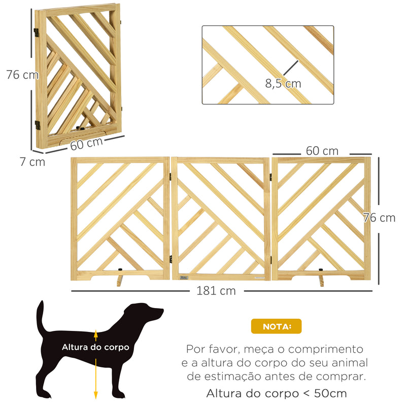 Barreira de Segurança Dobrável para Cães Grade de Madeira para Escadas e Portas de 3 Painéis com Base Antiderrapante e Pés 181x35x76cm Madeira