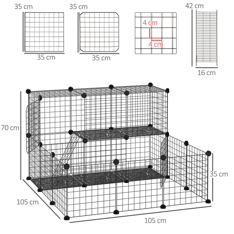 Cerca para Pequenos Animais DIY com 24 Painéis Parque para Animais de Estimação com Grade Metálica Gaiola Modular para Coelhos Chinchilas 105x105x70cm Preto