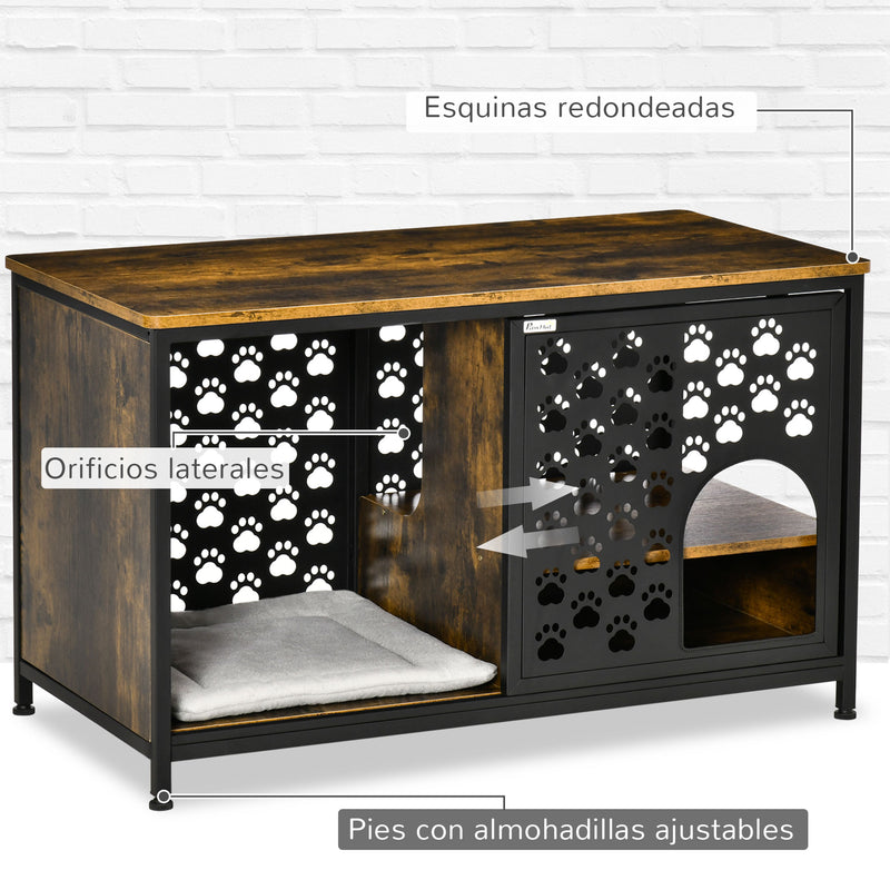 Casa para Gatos de Madeira com Mesa Superior e Prateleiras de Armazenamento e Caverna Cama para Gatos com Almofada Lavável e Porta Deslizante Aço 101x52x60cm Marrom Rústico