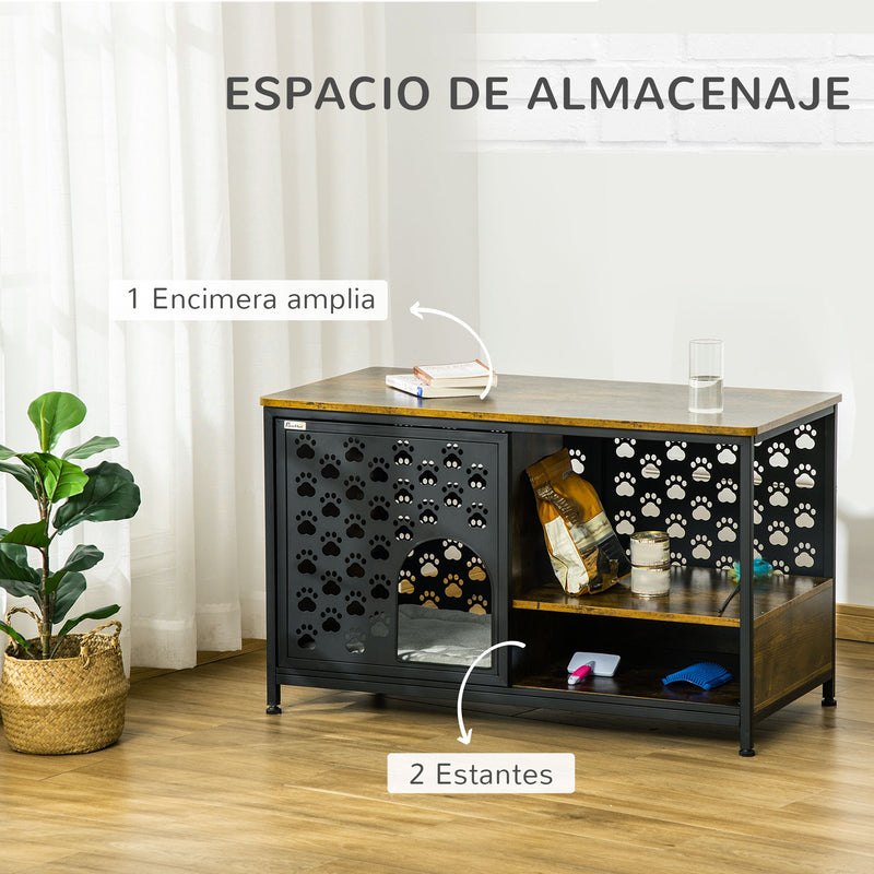 Casa para Gatos de Madeira com Mesa Superior e Prateleiras de Armazenamento e Caverna Cama para Gatos com Almofada Lavável e Porta Deslizante Aço 101x52x60cm Marrom Rústico