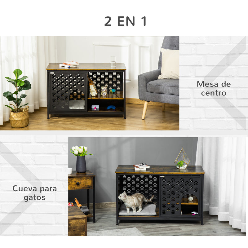 Casa para Gatos de Madeira com Mesa Superior e Prateleiras de Armazenamento e Caverna Cama para Gatos com Almofada Lavável e Porta Deslizante Aço 101x52x60cm Marrom Rústico