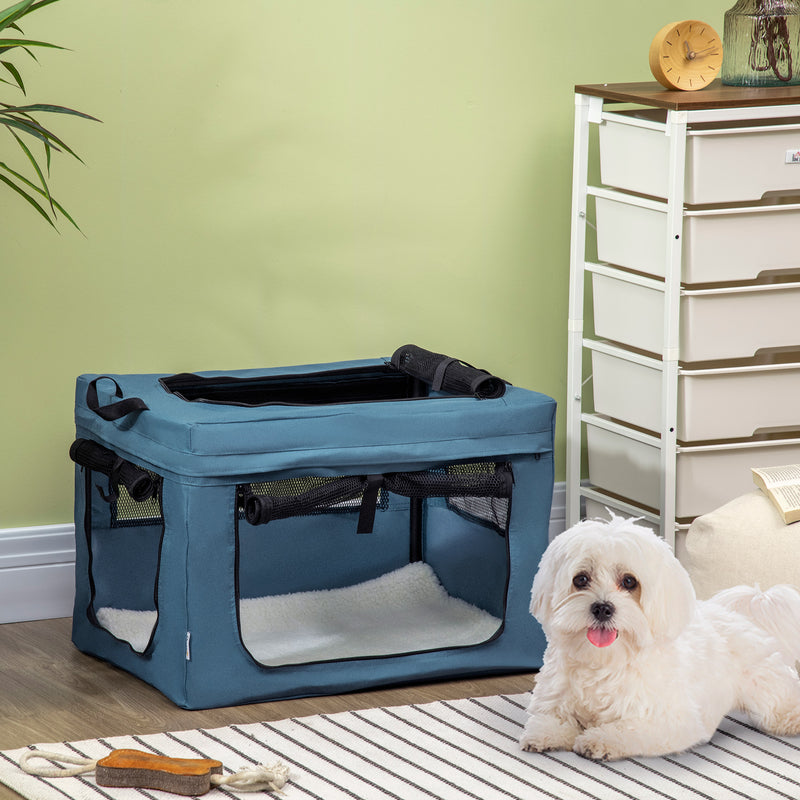 Transportadora para Cães e Gatos Bolsa Portátil e Dobrável para Animais de Estimação Transportadora com 3 Portas e Almofada Suave 60x42x42 cm Azul