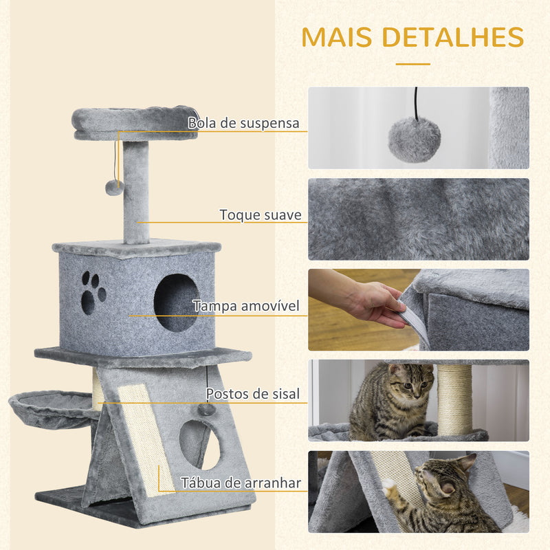 Árvore Arranhador para Gatos Altura 111cm Torre para Gatos com Cama Caverna Rede Bola Suspensa Postes e Rampa de Sisal 50x40x111cm Cinza