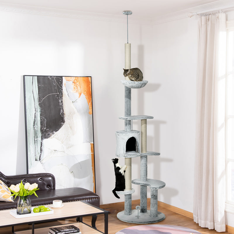 Arranhador para Gatos de 255 cm Torre para Gatos de Teto com Altura Ajustável Caverna Plataformas Rede Postes de Arranhar e Bolas Suspensas Ø60x225-255 cm Cinza