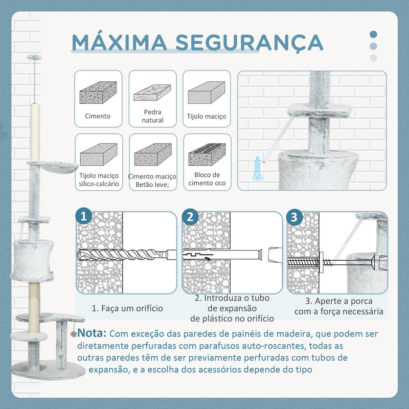 Arranhador para Gatos de 255 cm Torre para Gatos de Teto com Altura Ajustável Caverna Plataformas Rede Postes de Arranhar e Bolas Suspensas Ø60x225-255 cm Cinza