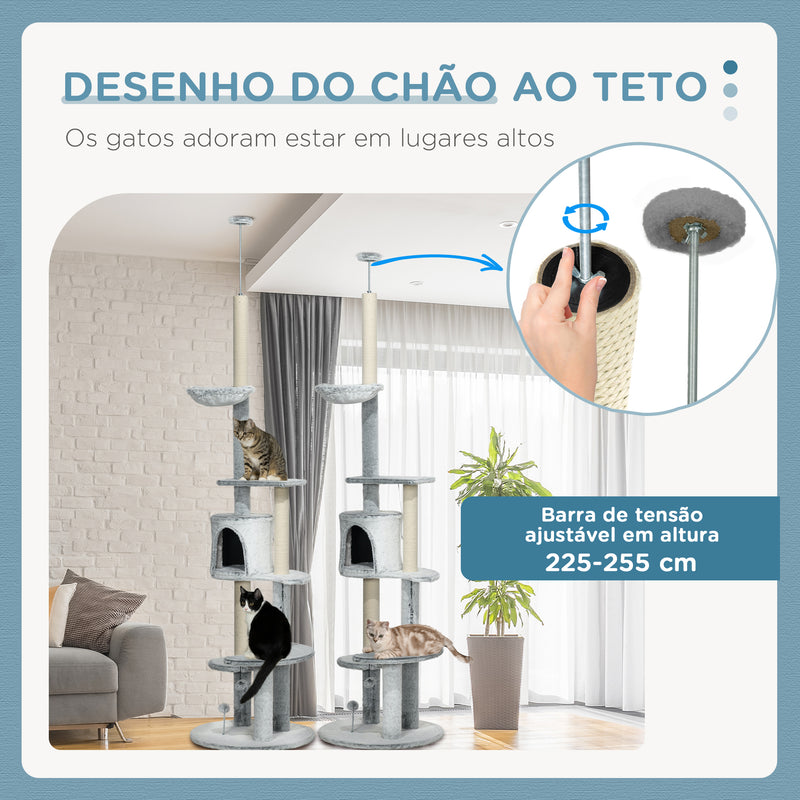 Arranhador para Gatos de 255 cm Torre para Gatos de Teto com Altura Ajustável Caverna Plataformas Rede Postes de Arranhar e Bolas Suspensas Ø60x225-255 cm Cinza