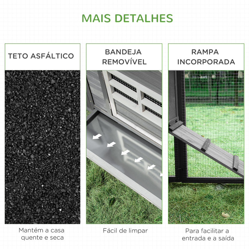 Galinheiro madeira abeto Exterior Gaiola para 2-4 Galinhas com Grade de Arame Tetos Asfálticos  200x80x105cm Cinza