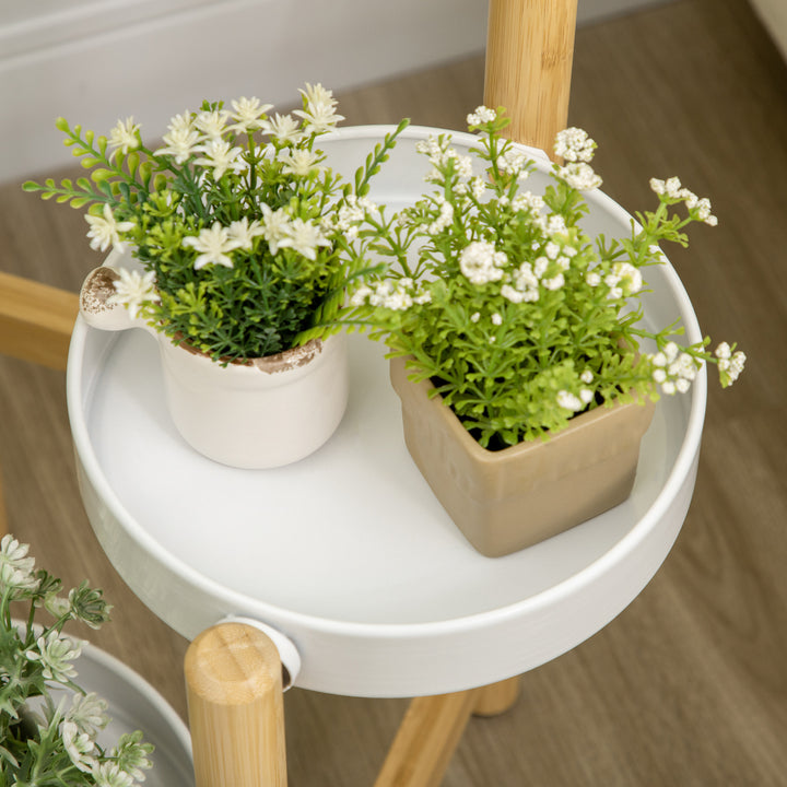 Suporte para Plantas Prateleira para Plantas com Pés de Bambu Estante para Flores com 4 Prateleiras Redondas Carga Máxima 20 kg para Interior e Exterior Ø28x80 cm Madeira e Branco