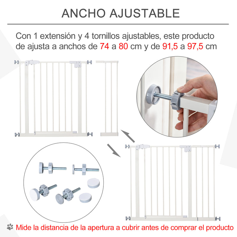 Barreira metálica de segurança para Animais de estimação Cães com extensões de 17,5 cm Sistema de fechamento automático 74,5-84,5x76,2 cm Branco