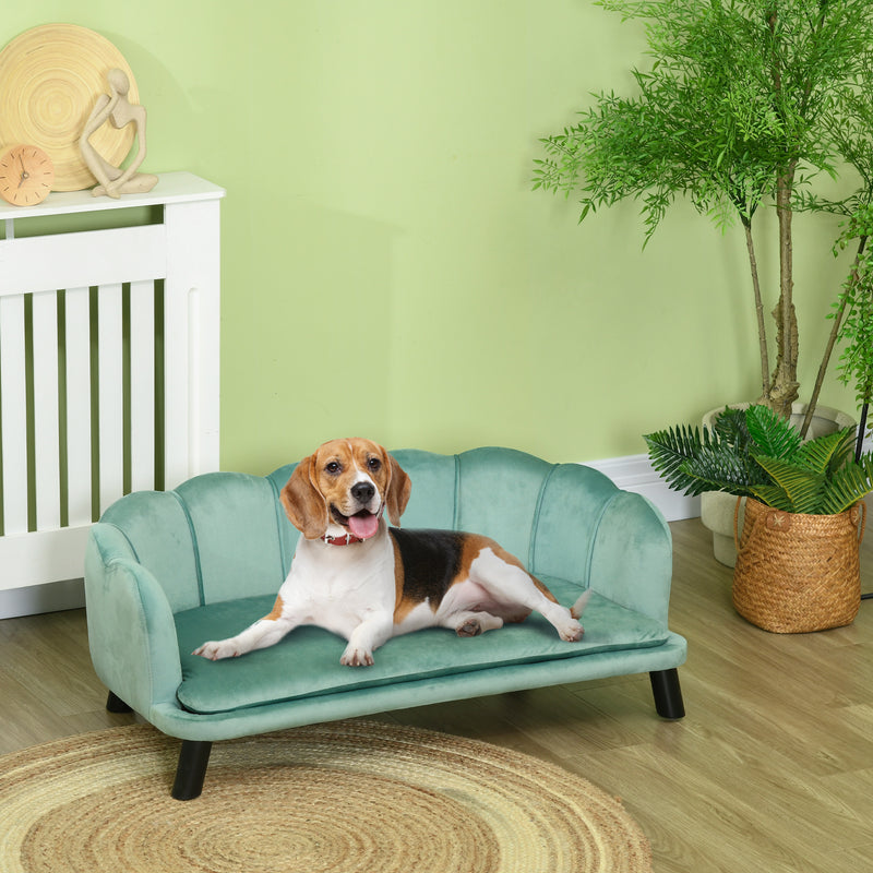 Sofá para Cães Médios Sofá Cama para Animais de Estimação Estofado em Veludo com Pés de Madeira Carga Máxima 25 kg 98,5x60,5x35,5 cm Verde