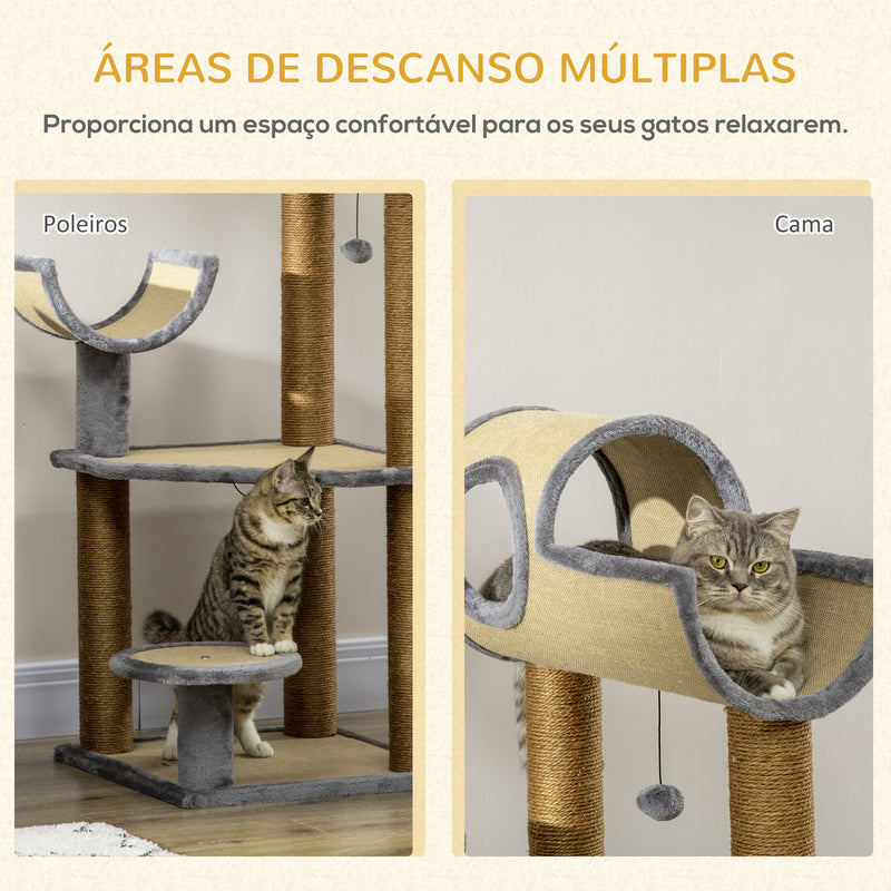 Árvore Arranhador para Gatos de 122cm Torre de Arranhar para Gatos com Múltiplas Camas Plataforma Bolas Suspensas e Poste de Sisal 49x49x122cm Marrom