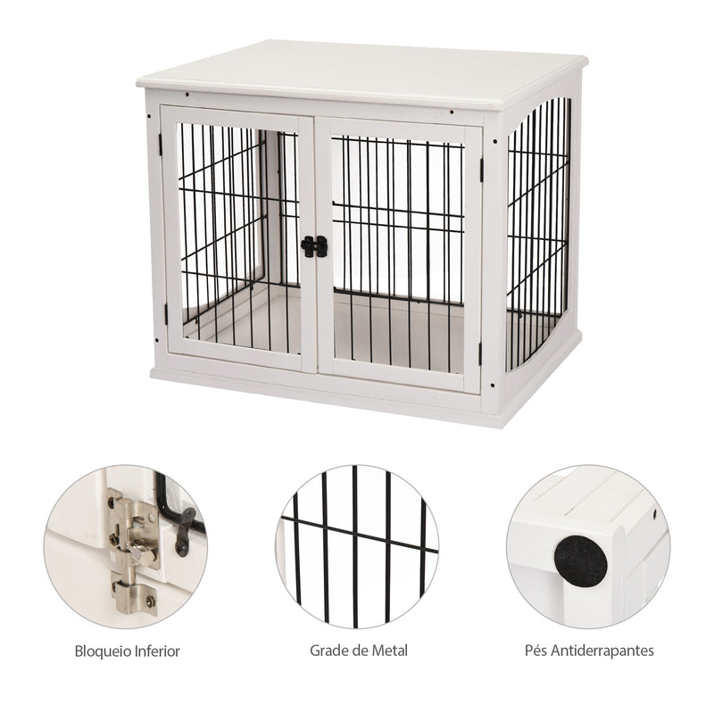 Gaiola para Cães Grande de Madeira com Superfície de Mesa 2 Portas e Grades de Metal 58,5x81x66cm Branco