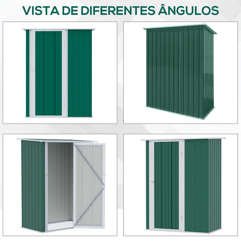 Abrigo de Jardim 142x84x189cm Abrigo de Jardim de Aço Galvanizado com Porta Fechadura e Orifícios de Drenagem para Armazenamento de Ferramentas Verde