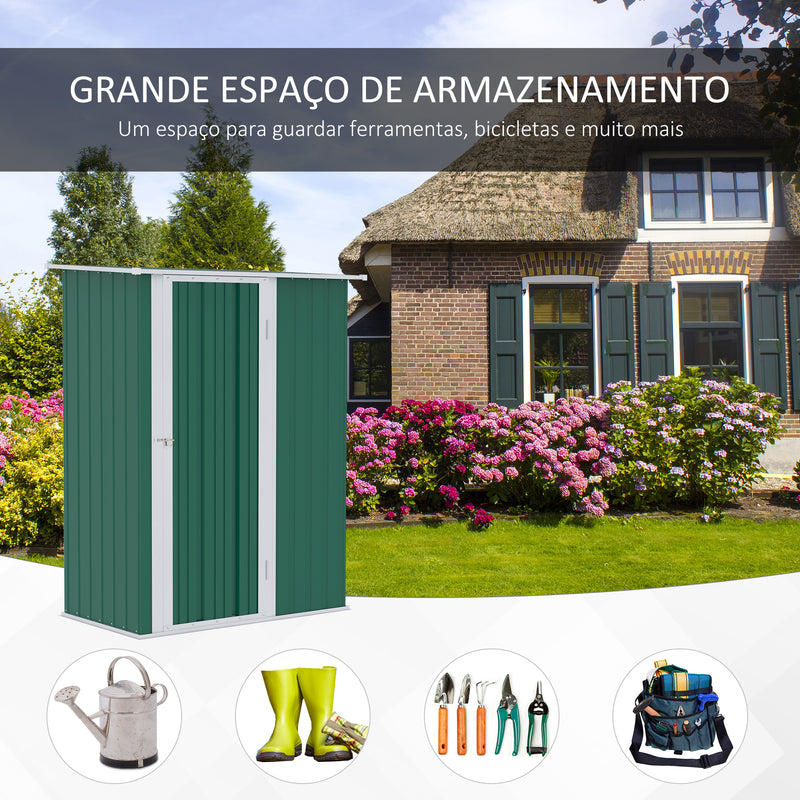 Abrigo de Jardim 142x84x189cm Abrigo de Jardim de Aço Galvanizado com Porta Fechadura e Orifícios de Drenagem para Armazenamento de Ferramentas Verde