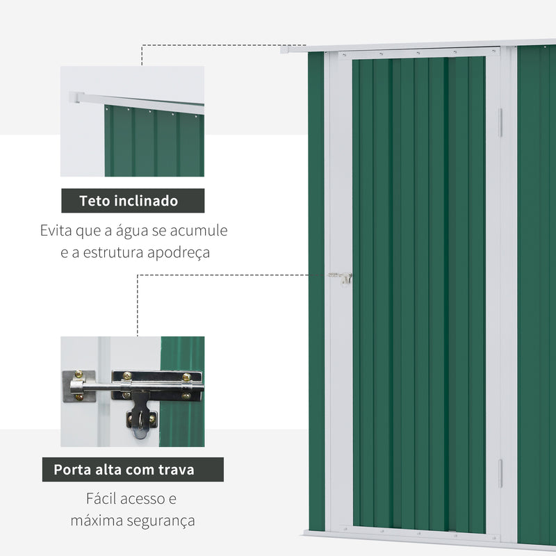 Abrigo de Jardim 142x84x189cm Abrigo de Jardim de Aço Galvanizado com Porta Fechadura e Orifícios de Drenagem para Armazenamento de Ferramentas Verde