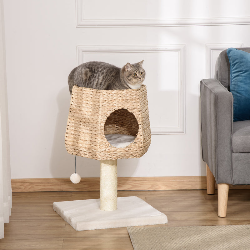 Árvore Arranhador para Gatos Pequena Altura 66cm Torre de Escalada para Gatos com Caverna de Junco Cama Superior Almofadas Poste Arranhador de Sisal e Bola Suspensa Creme e Natural