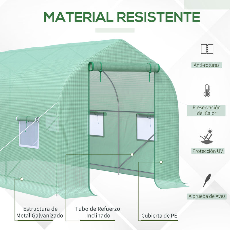 Estufa de Jardim 400x200x200cm Tipo Túnel com 6 Janelas Transpiráveis e Portas Enrolável com Zíper para Cultivo de Plantas e Verduras Verde