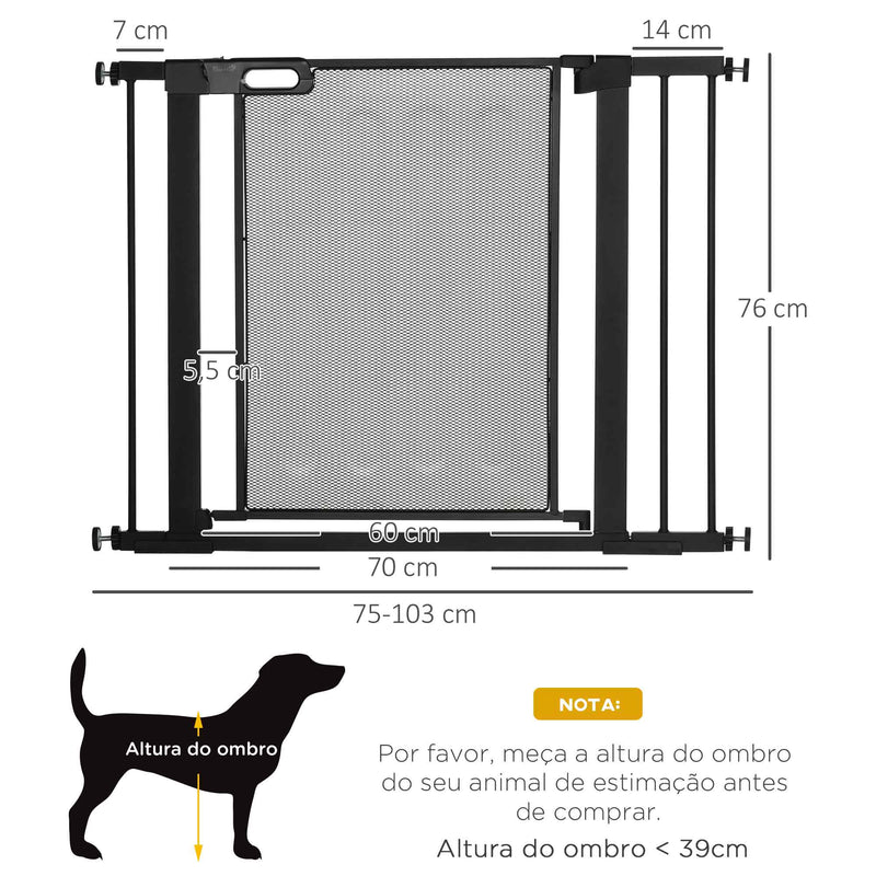 Barreira de Segurança para Cães Extensível 75-103 cm Barreira para Escada e Portas com 2 Extensões Duplo Bloqueio Fechamento Automático Preto