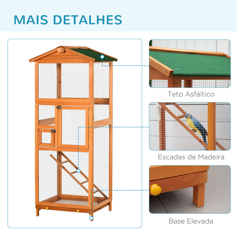 Gaiola para Pássaros Grande 68x63x165cm Gaiola para Pássaros de Madeira de Abeto com 2 Portas Bandeja Amovível e Teto Asfáltico Madeira