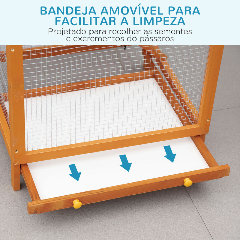 Gaiola para Pássaros Grande 68x63x165cm Gaiola para Pássaros de Madeira de Abeto com 2 Portas Bandeja Amovível e Teto Asfáltico Madeira