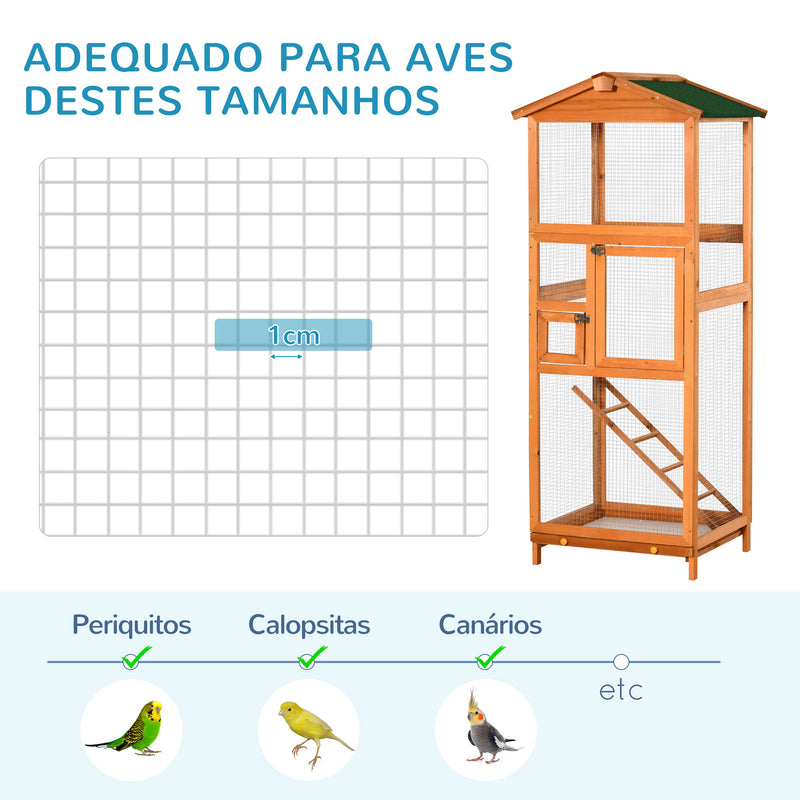 Gaiola para Pássaros Grande 68x63x165cm Gaiola para Pássaros de Madeira de Abeto com 2 Portas Bandeja Amovível e Teto Asfáltico Madeira