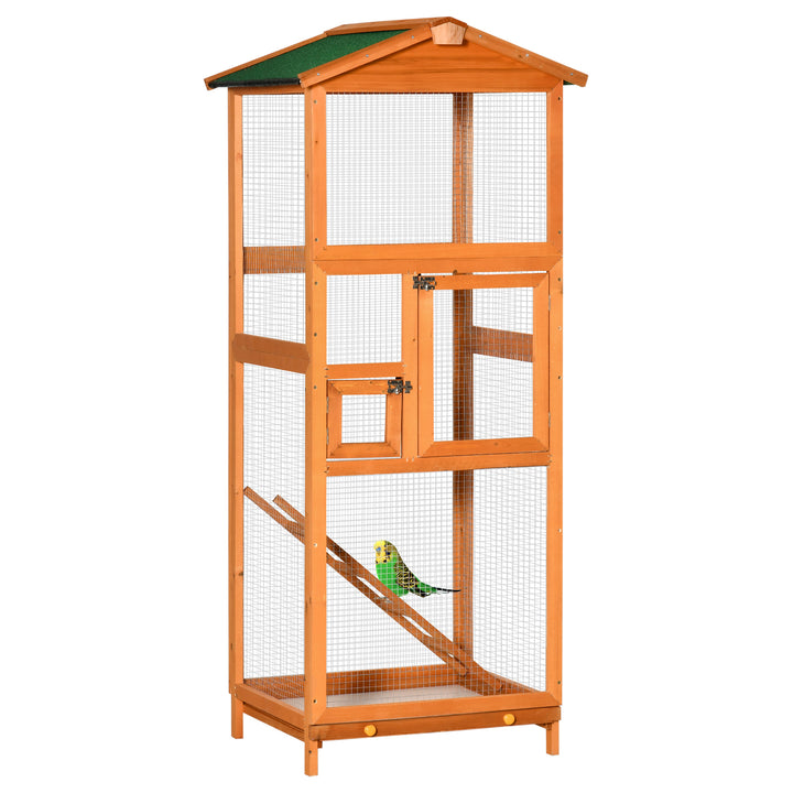 Gaiola para Pássaros Grande 68x63x165cm Gaiola para Pássaros de Madeira de Abeto com 2 Portas Bandeja Amovível e Teto Asfáltico Madeira