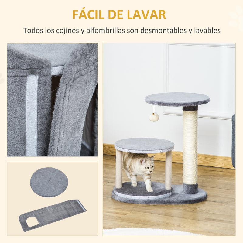 Árvore Arranhadora para Gatos Pequena Altura 59cm com Caverna de Pelúcia Suave Almofada Lavável Plataforma Poste de Sisal Natural e Bola de Brinquedo 55x36x59cm Cinza