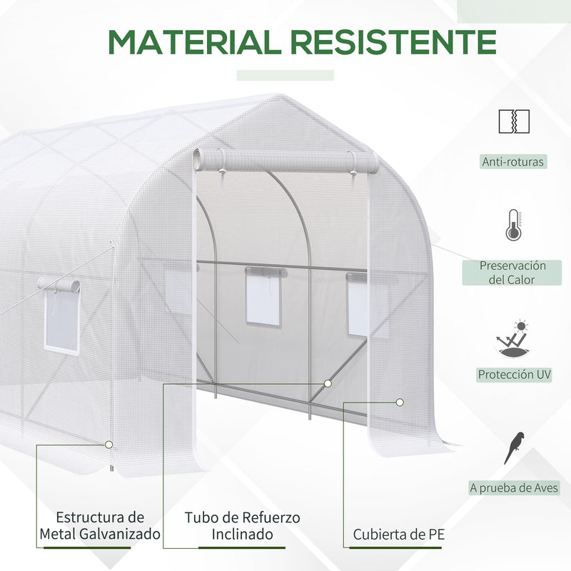 Estufa de Jardim 400x200x200cm Tipo Túnel com 6 Janelas Transpiráveis e Portas Enrolável com Zíper para Cultivo de Plantas e Verduras Branco