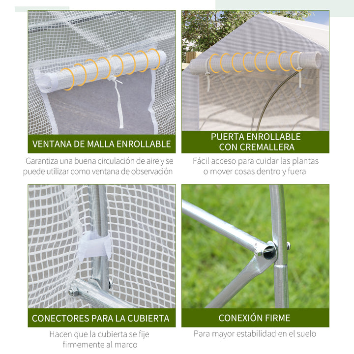 Estufa de Jardim 400x200x200cm Tipo Túnel com 6 Janelas Transpiráveis e Portas Enrolável com Zíper para Cultivo de Plantas e Verduras Branco