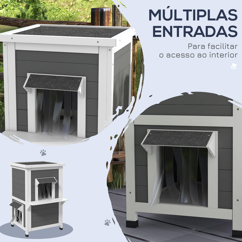 Casa para Gatos de Madeira 60x60x81,5 cm Casa para Gatos Refugio para Gatos de 2 Níveis com Cortina e Portas com Beirais Impermeáveis e Varanda Cinza e Branco