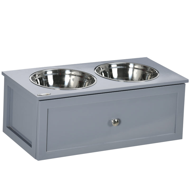 Comedouro Elevado para Cães Médios com 2 Tigelas de 2000ml de Aço Inoxidável Comedouro Alto para Cães com 1 Gaveta 60x30x24cm Cinza
