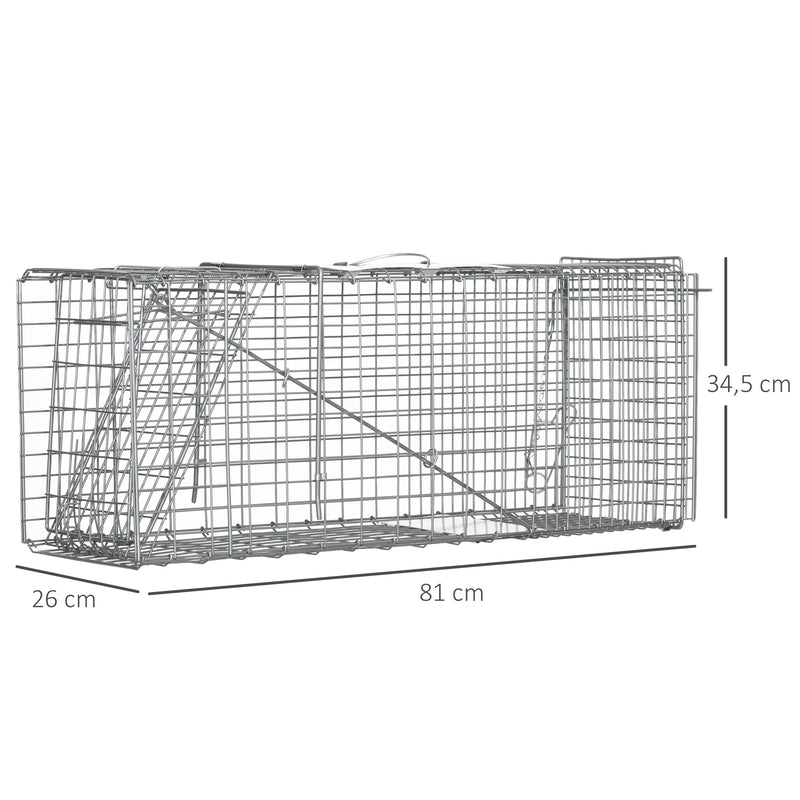 Armadilha para Animais Vivos Dobrável 81x26x34,5 cm Gaiola de Captura com Porta e Alça para Coelhos Roedores Prata