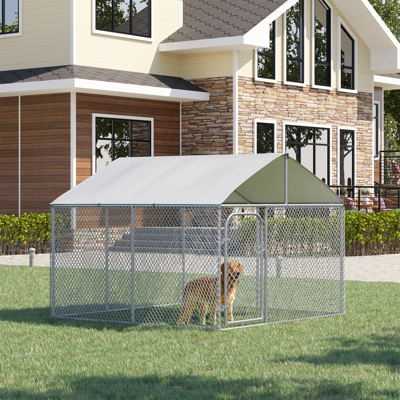 Canil de Exterior com Toldo Gaiola para Cães Animais de Estimação de Metal Galvanizado com Fechadura para Jardim Pátio 230x230x175cm Prata