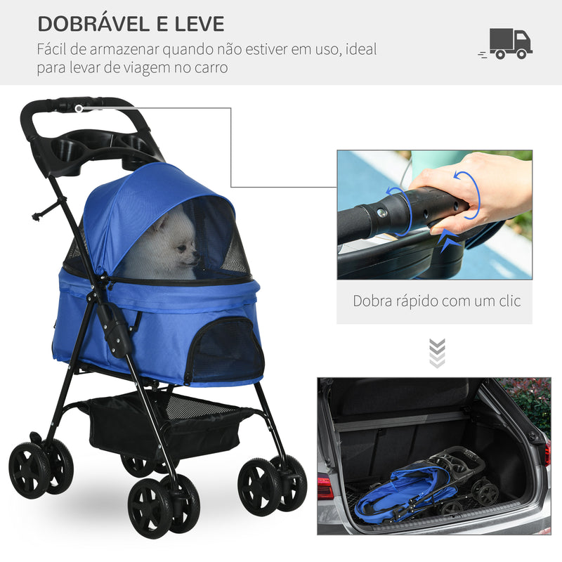 Carrinho dobrável para animais de estimação desmontável para cães de aço Oxford rodas giratórias freios janela 67x45x96 cm azul