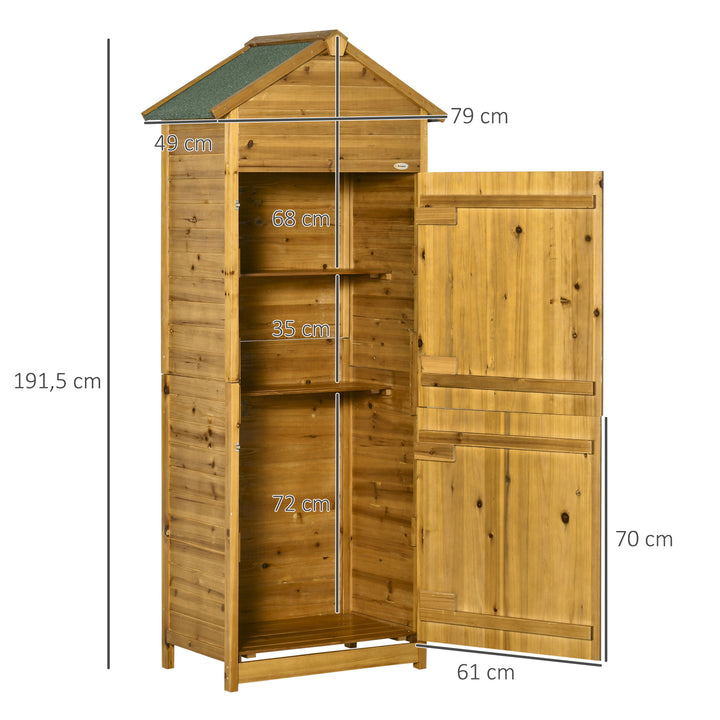 Armário de Jardim de Madeira 79x49x190cm 0,28 m² Abrigo de Armazenamento de Ferramentas com Teto Asfáltico 3 Prateleiras e 2 Portas com Fechadura para Exterior Terraço Madeira