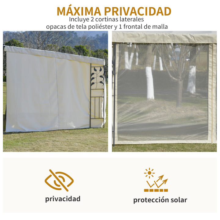 Gazebo 4x3m montado na parede com cortinas laterais Malha com zíper 4 orifícios de drenagem exterior Bege