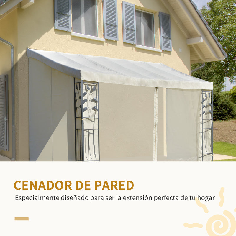 Gazebo 4x3m montado na parede com cortinas laterais Malha com zíper 4 orifícios de drenagem exterior Bege