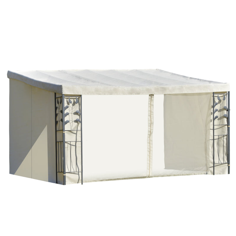 Gazebo 4x3m montado na parede com cortinas laterais Malha com zíper 4 orifícios de drenagem exterior Bege