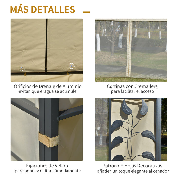 Gazebo 4x3m montado na parede com cortinas laterais Malha com zíper 4 orifícios de drenagem exterior Bege