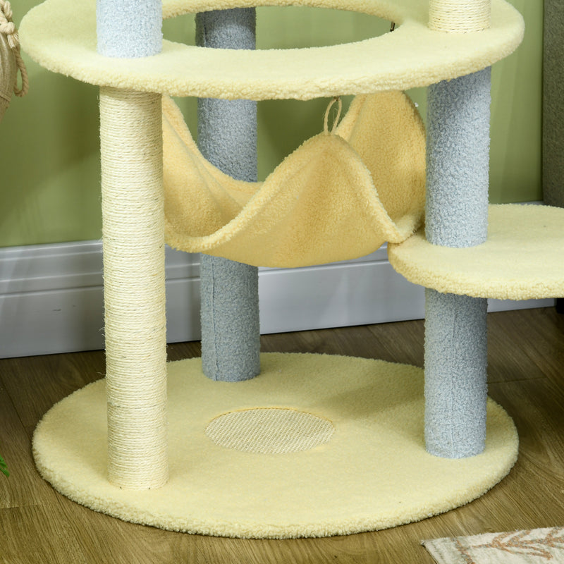 Arranhador para Gatos Médio 110 cm Torre para Gatos Centro de Atividades para Gatos com Rede Poste de Sisal e Bola Suspensa Ø58x110 cm Amarelo e Azul