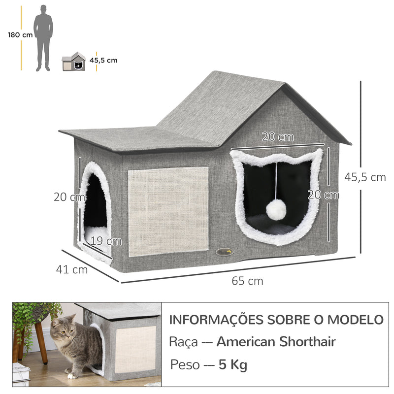 Casa para Gatos Cama para Gatos Interior com Almofada para Arranhar Almofada Macia e Bola Suspensa 65x41x45,5 cm Cinza