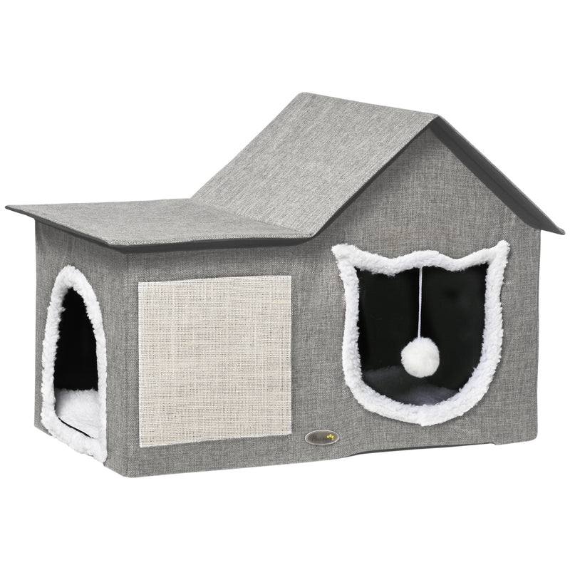 Casa para Gatos Cama para Gatos Interior com Almofada para Arranhar Almofada Macia e Bola Suspensa 65x41x45,5 cm Cinza