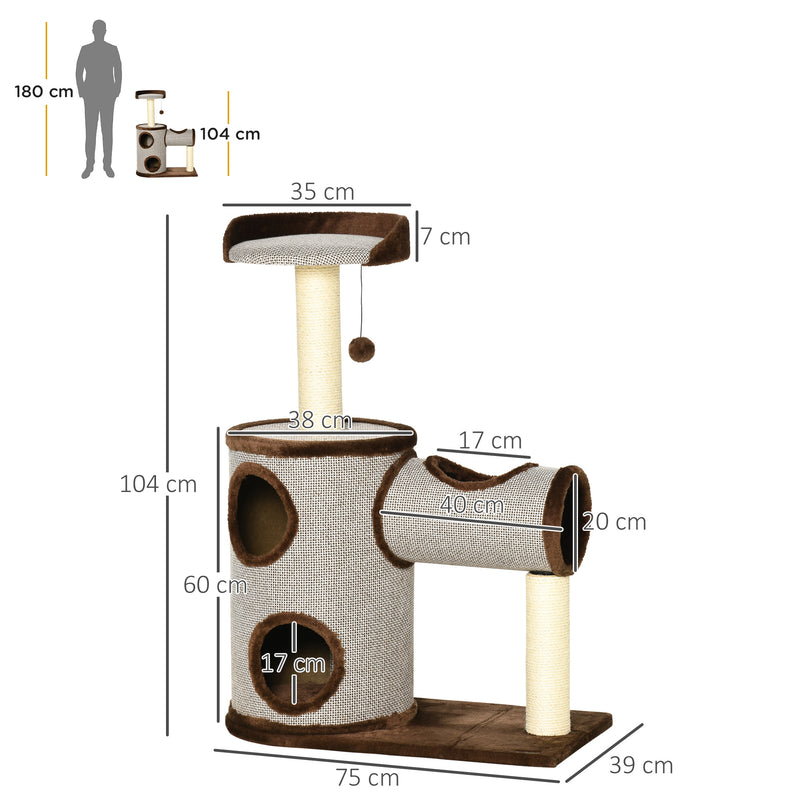 Árvore Arranhador para Gatos Médios Altura 104cm Torre de Escalada para Gatos com Barril Arranhador Plataforma Superior Túnel Poste de Sisal e Bola Suspensa 75x39x104cm Marrom