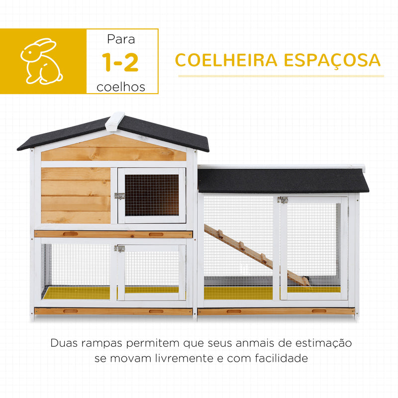 Coelheira de Madeira Exterior Gaiola para Coelhos de 2 Níveis com Teto Asfáltico 2 Cercados de Metal Bandeja Removível 3 Portas e Rampa 157,4x53x93,5cm Natural