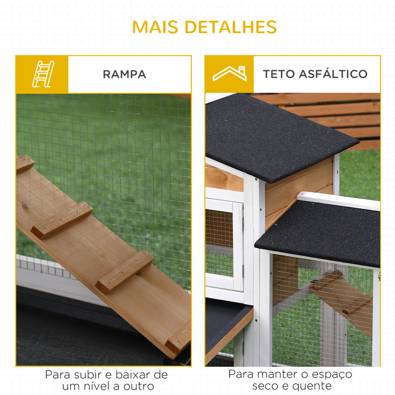 Coelheira de Madeira Exterior Gaiola para Coelhos de 2 Níveis com Teto Asfáltico 2 Cercados de Metal Bandeja Removível 3 Portas e Rampa 157,4x53x93,5cm Natural