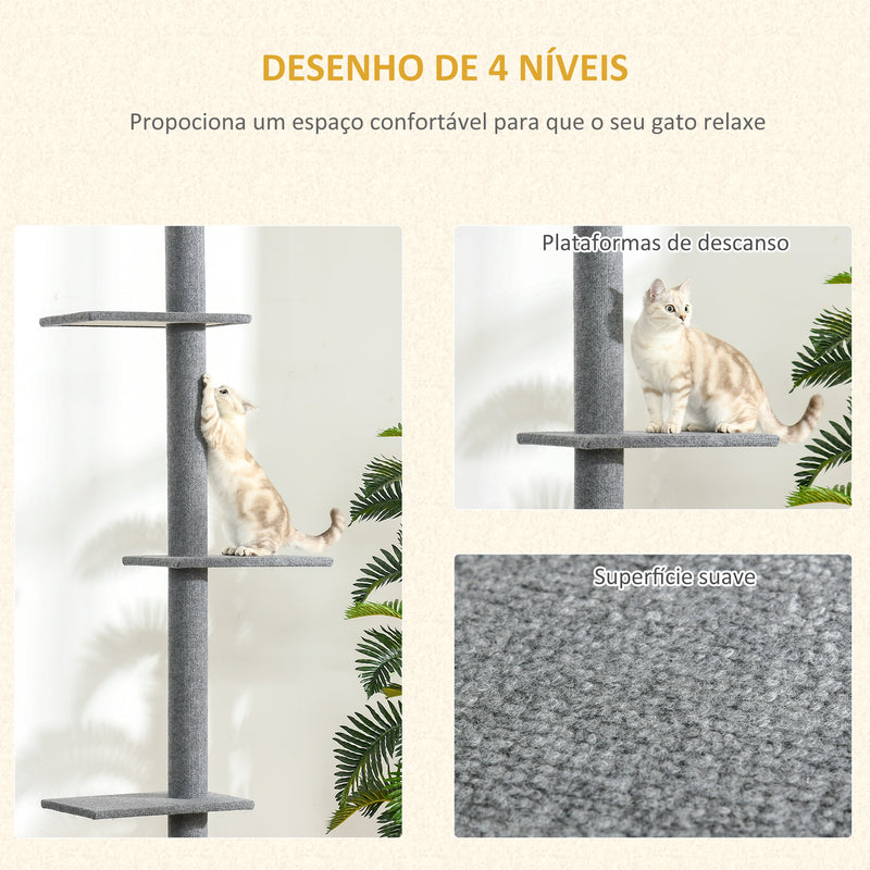 Arranhador para Gatos de Chão ao Teto 43x27x228-260 cm Torre para Gatos com Altura Ajustável 4 Plataformas e Poste de Sisal Cinza