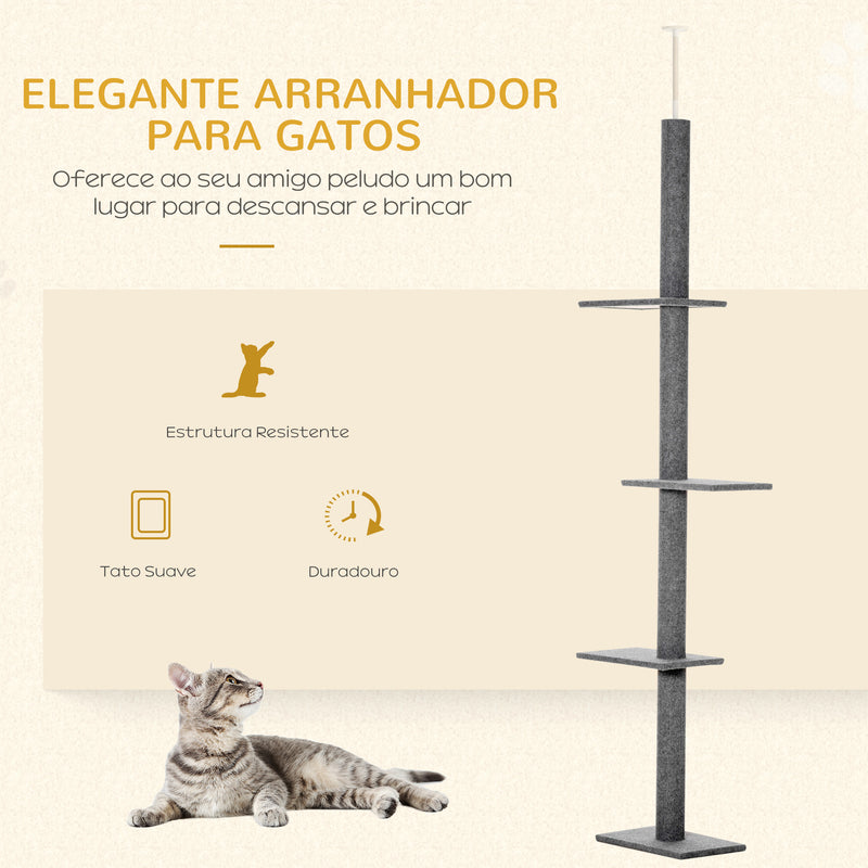 Arranhador para Gatos de Chão ao Teto 43x27x228-260 cm Torre para Gatos com Altura Ajustável 4 Plataformas e Poste de Sisal Cinza