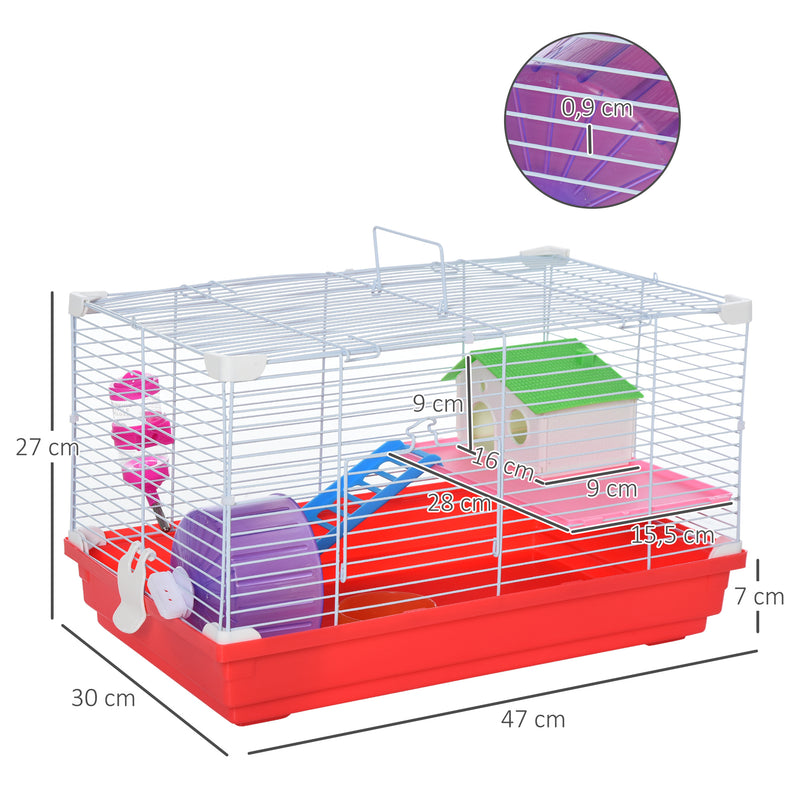 Gaiola para Hamster Casa para Hamster 47x30x27cm com 1 Andar Comedouro Bebedouro Rampa Roda de Exercício para Pequenos Animais Branco e Vermelho